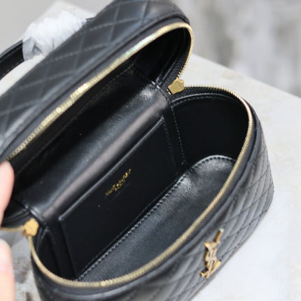 GABY MINI VANITY 18 IN BLACK QUILTED LAMBSKIN GOLD HARDWARE