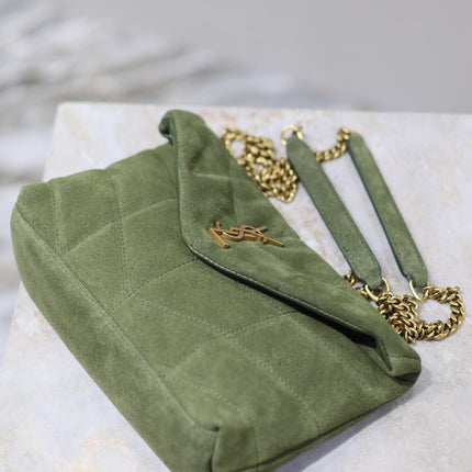 YSL 25S LOULOU PUFFER MINI 23 IN GREEN SUEDE GOLD HARDWARE