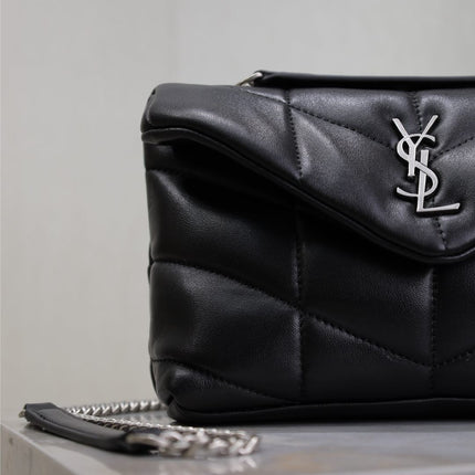 YSL 25S LOULOU PUFFER MINI 23 IN BLACK CALFSKIN SILVER HARDWARE