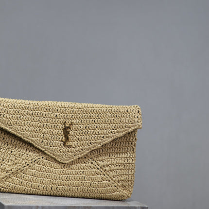 YSL 25S CASSANDRE LARGE ENVELOPE POUCH 29 IN NATURAL RAFFIA GOLD HARDWARE