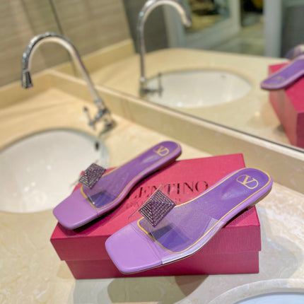 VALENTINO 26S FLAT SLIDES IN PURPLE LAMBSKIN WITH CRYSTAL