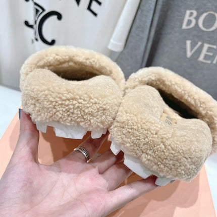 MIUMIU 26S SANDALS IN BEIGE SHEARLING WITH LOGO LETTERING
