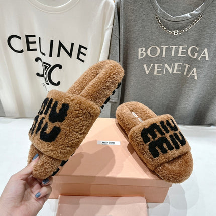 MIUMIU 26S SANDALS IN LIGHT BROWN SHEARLING WITH LOGO LETTERING
