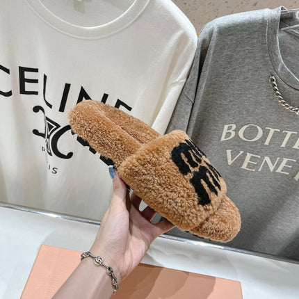 MIUMIU 26S SANDALS IN LIGHT BROWN SHEARLING WITH LOGO LETTERING