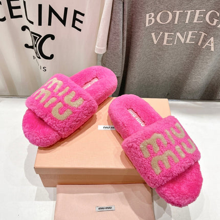 MIUMIU 26S SANDALS IN PINK SHEARLING WITH LOGO LETTERING