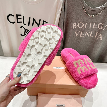 MIUMIU 26S SANDALS IN PINK SHEARLING WITH LOGO LETTERING