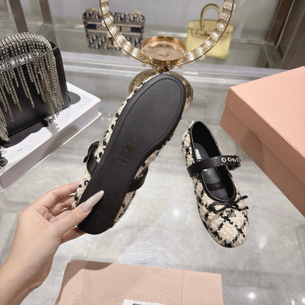 MIUMIU 26S MARY JANE FLATS IN BLACK AND BEIGE TWEED FABRIC