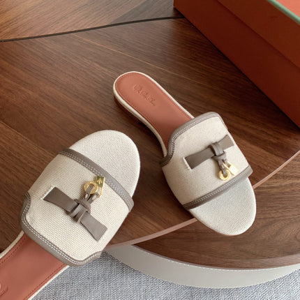 LP 26S SUMMER CHARMS SLIDES IN BEIGE CANVAS AND TAUPE BROWN CALFSKIN GOLD HARDWARE