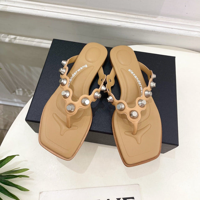 RHODES STUDDED THONG SANDALS IN BROWN CALFSKIN