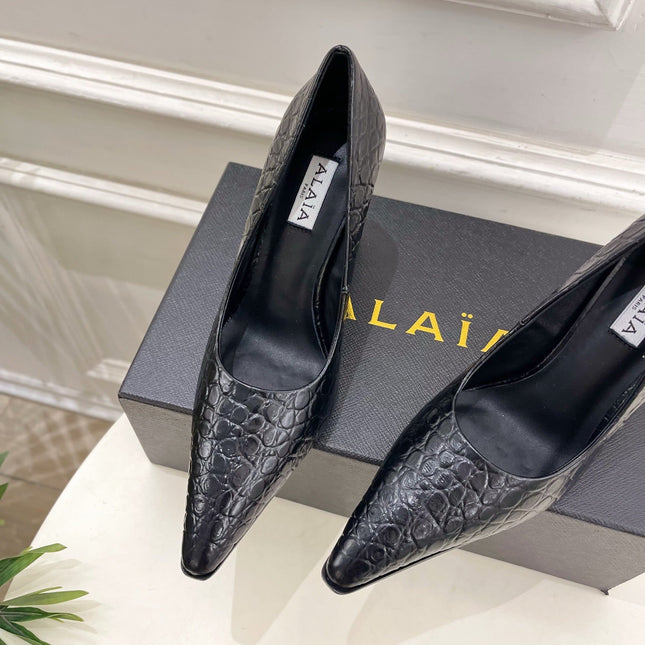 ALAIA 26S HIGH HEELS 95 MM IN BLACK CROCODILE-EMBOSSED CALFSKIN