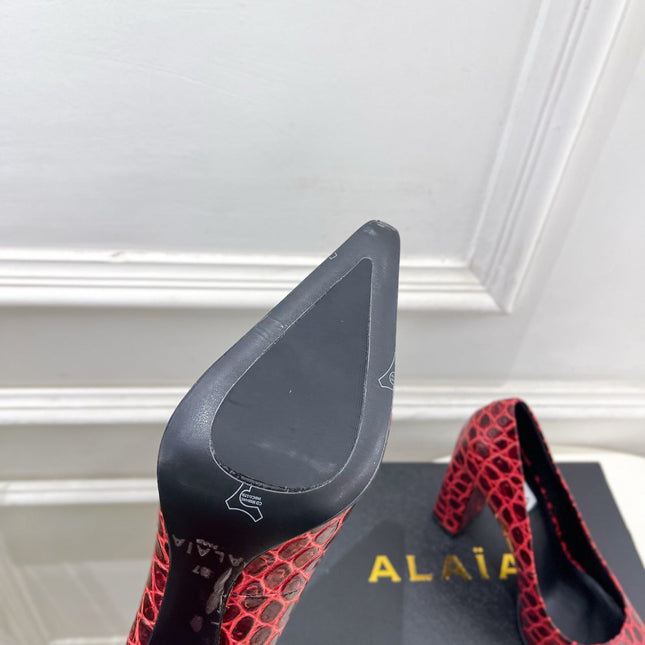 ALAIA 26S HIGH HEELS 95 MM IN DARK RED CROCODILE-EMBOSSED CALFSKIN