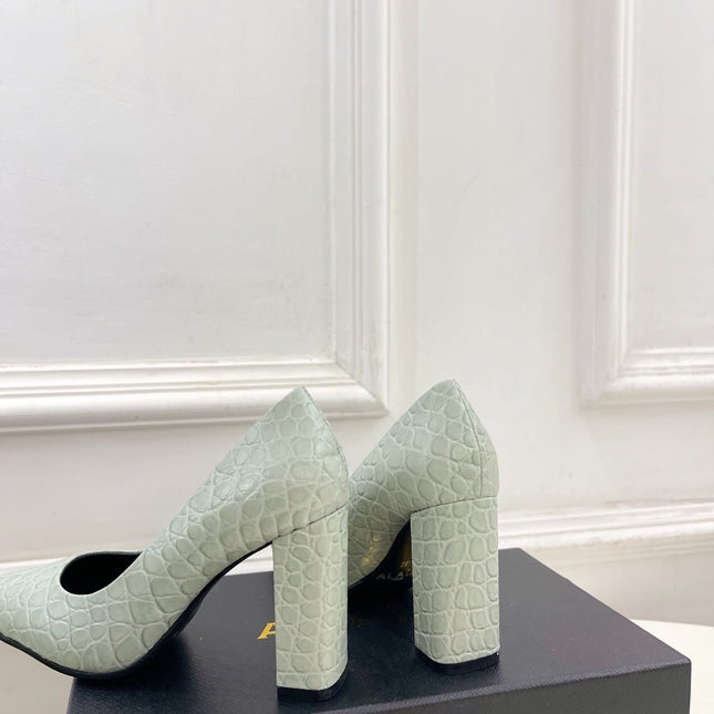 ALAIA 26S HIGH HEELS 95 MM IN SAGE GREEN CROCODILE-EMBOSSED CALFSKIN