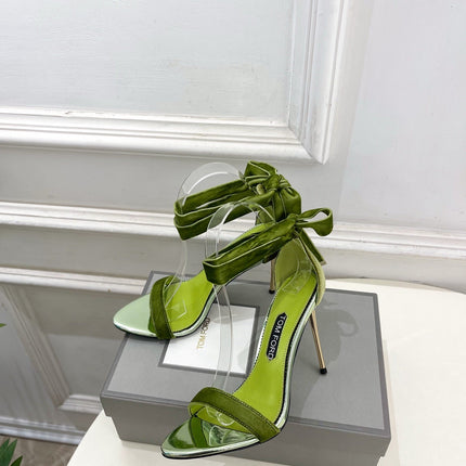 TOM FORD 26S HIGH-HEELED SANDALS 105 MM IN GREEN FABRIC AND CALFSKIN