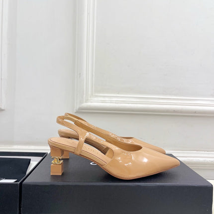 CHANEL 26S POINTED TOE HIGH HEELS 55 MM IN BEIGE PATENT LAMBSKIN
