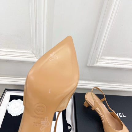 CHANEL 26S POINTED TOE HIGH HEELS 55 MM IN BEIGE PATENT LAMBSKIN