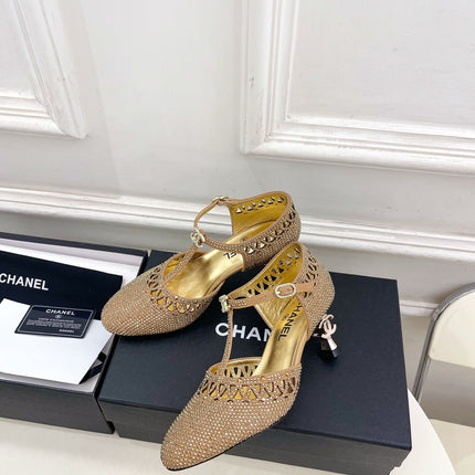 CHANEL 26S HIGH HEELS 65 MM IN GOLD WITH CRYSTAL EMBELLISHMENTS