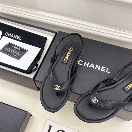 CHANEL 26S THONG SLINGBACK SANDALS IN BLACK LAMBSKIN