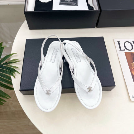CHANEL 26S THONG SLINGBACK SANDALS IN WHITE LAMBSKIN