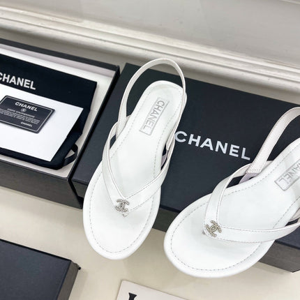 CHANEL 26S THONG SLINGBACK SANDALS IN WHITE LAMBSKIN