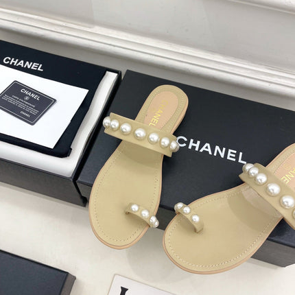 CHANEL 26S THONG SANDALS IN BEIGE LAMBSKIN WITH PEARL EMBELLISHMENTS