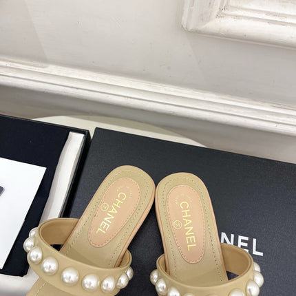 CHANEL 26S THONG SANDALS IN BEIGE LAMBSKIN WITH PEARL EMBELLISHMENTS