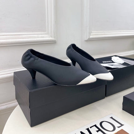 CHANEL 26S SQUARE TOE PUMPS 50 MM IN BLACK LAMBSKIN WITH WHITE TOE CAP