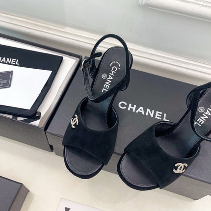 CHANEL 26S HIGH HEEL SLINGBACK SANDALS 90 MM IN BLACK SUEDE
