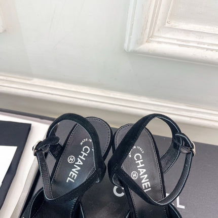 CHANEL 26S HIGH HEEL SLINGBACK SANDALS 90 MM IN BLACK SUEDE