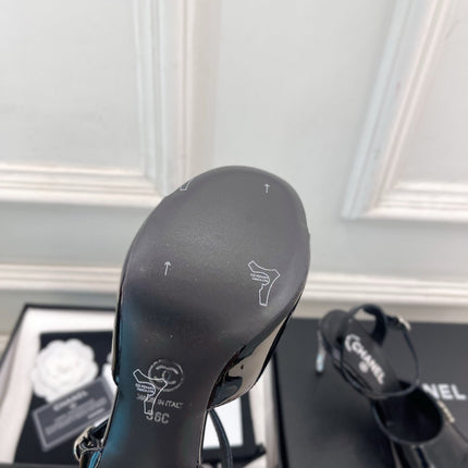 CHANEL 26S HIGH HEEL SLINGBACK SANDALS 90 MM IN BLACK PATENT