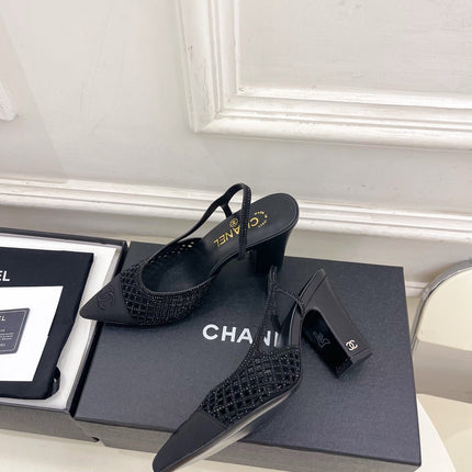 CHANEL 26S POINTED TOE HIGH HEEL SLINGBACK PUMPS 90 MM IN BLACK MESH