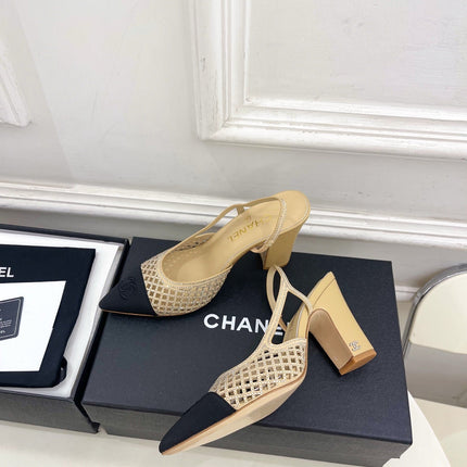 CHANEL 26S POINTED TOE HIGH HEEL SLINGBACK PUMPS 90 MM IN BEIGE MESH WITH BLACK TOE CAP