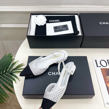 CHANEL 26S FLAT POINTED TOE SLINGBACK IN WHITE MESH WITH BLACK TOE CAP