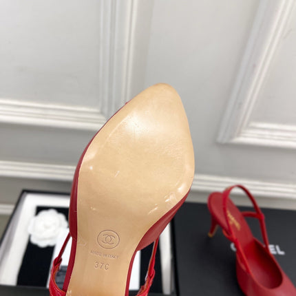 CHANEL 26S POINTED TOE SLINGBACK PUMPS 90 MM IN RED LAMBSKIN