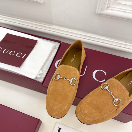 GUCCI 26S LOAFERS MM IN CAMEL BROWN SUEDE WITH SILVER HARDWARE