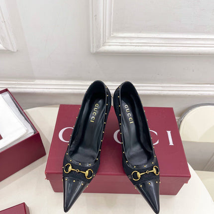 GUCCI 26S HIGH HEELS 75 MM IN BLACK CANVAS GG LOGO PATTERN