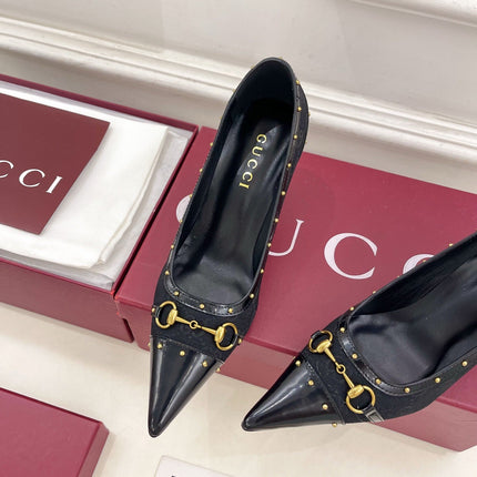 GUCCI 26S HIGH HEELS 75 MM IN BLACK CANVAS GG LOGO PATTERN