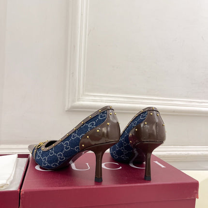GUCCI 26S HIGH HEELS 75 MM IN BLUE DENIM GG LOGO PATTERN