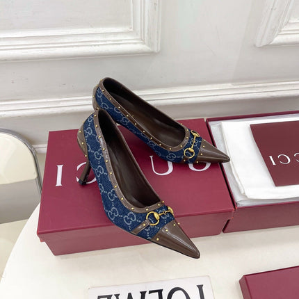 GUCCI 26S HIGH HEELS 75 MM IN BLUE DENIM GG LOGO PATTERN