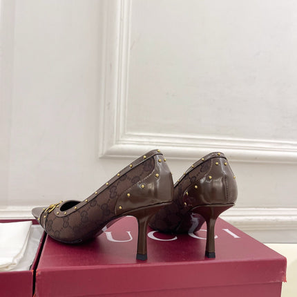 GUCCI 26S HIGH HEELS 75 MM IN DARK BROWN CANVAS GG LOGO PATTERN