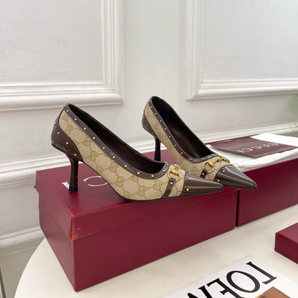 GUCCI 26S HIGH HEELS 75 MM IN BEIGE CANVAS GG LOGO PATTERN